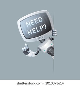 Monitor head robot look out corner online help technology science fiction future cute little sale 3d design vector illustration