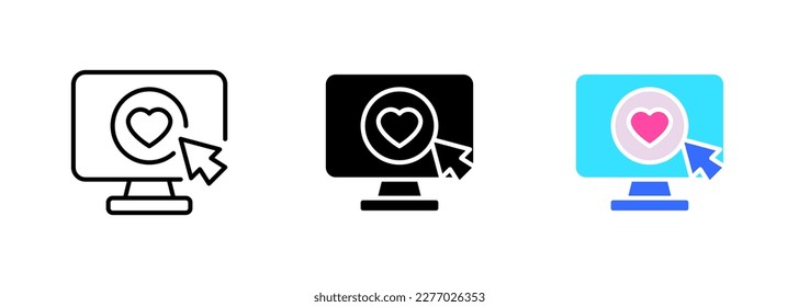 Ein Monitor mit einem Herzsymbol auf dem Bildschirm, der die Verbindung zwischen Technologie und Emotionen darstellt. Vektorset von Symbolen in Linie, schwarze und bunte Stile einzeln.
