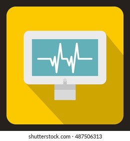 Monitor heartbeat icon in flat style with long shadow. Medical symbol vector illustration