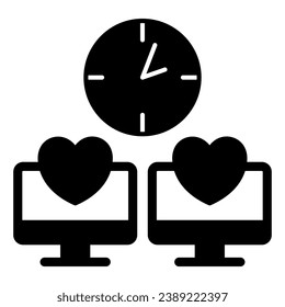 Monitor, hearts, clock, dating web site online solid icon, dating concept, online date vector sign on white background, glyph style icon for mobile concept and web design. Vector graphics