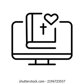 Monitor with Holy Bible and heart outline logo. Computer line vector icon. linear style sign for mobile concept and online web design. Symbol illustration graphic.