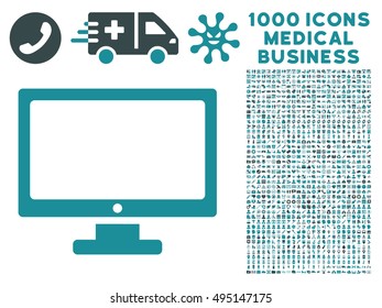 Monitor icon with 1000 medical commercial soft blue vector pictographs. Set style is flat bicolor symbols, white background.