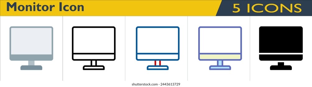 Monitor icon with 5 styles (outline, color lineal, color outline, solid and color)