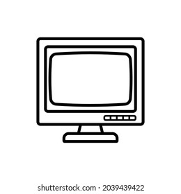 Icono de monitor. Silueta lineal de contorno negro. Vista frontal. Ilustración gráfica plana vectorial simple. Objeto aislado sobre un fondo blanco. Aislar.