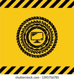 monitor icon black grunge emblem with yellow background. Vector Illustration. Detailed.
