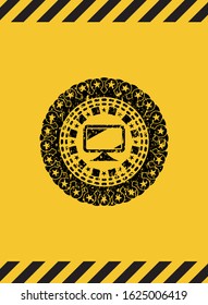 monitor icon black grunge emblem with yellow background. Vector Illustration. Detailed.