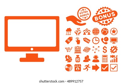 Monitor icon with bonus images. Vector illustration style is flat iconic symbols, orange color, white background.