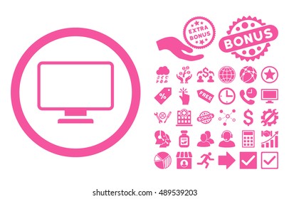 Monitor icon with bonus pictogram. Vector illustration style is flat iconic symbols, pink color, white background.