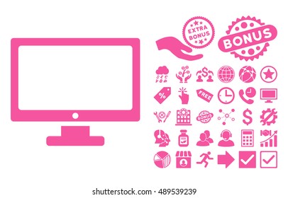 Monitor icon with bonus symbols. Vector illustration style is flat iconic symbols, pink color, white background.