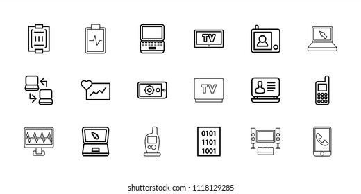 Monitor icon. collection of 18 monitor outline icons such as phone, laptop, cardiogram, blood pressure measure, gear on display. editable monitor icons for web and mobile.