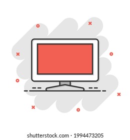 Monitor icon in comic style. Television cartoon sign vector illustration on white isolated background. Display splash effect business concept.