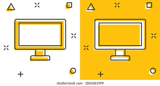 Monitor icon in comic style. Television cartoon sign vector illustration on white isolated background. Display splash effect business concept.