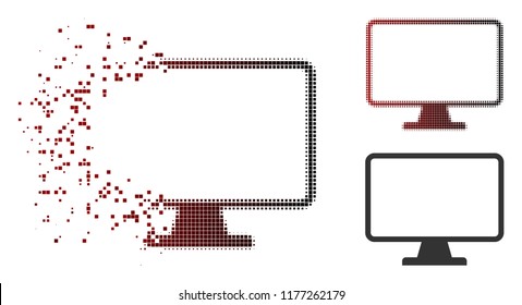 Monitor icon in dispersed, pixelated halftone and undamaged entire versions. Cells are grouped into vector dispersed monitor icon.