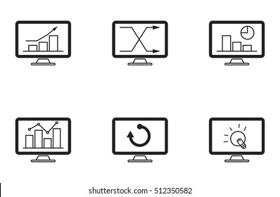 Monitor icon display with graph and bar chart for analysis performance isolated white background