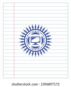 monitor icon draw (pen strokes). Blue ink. Vector Illustration. Detailed.