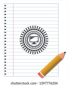 monitor icon emblem drawn in pencil. Vector Illustration. Detailed.