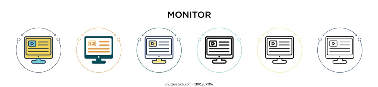 Monitor icon in filled, thin line, outline and stroke style. Vector illustration of two colored and black monitor vector icons designs can be used for mobile, ui, web