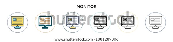 Monitor icon in filled,\
thin line, outline and stroke style. Vector illustration of two\
colored and black monitor vector icons designs can be used for\
mobile, ui, web