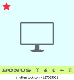 Monitor icon flat. Grey pictogram on blue background. Vector illustration symbol and bonus buttons medal, cow, earth, eye, calculator
