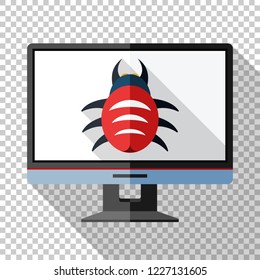 Monitor icon in flat style with bug on the screen and long shadow on transparent background