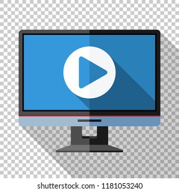 Monitor icon in a flat style with a play button on the screen and a long shadow on a transparent background