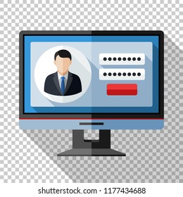 Monitor icon in flat style with user login form on the screen and long shadow on transparent background