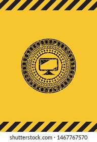 monitor icon grunge black emblem with yellow background, warning sign. Vector Illustration. Detailed.