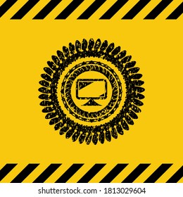 icono del monitor grunge emblema negro con fondo amarillo, signo de advertencia. Ilustración vectorial. Detallado. 
