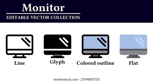 Monitor icon illustration on white background, suitable for user interface design, technology and computing applications, and digital device management tools.