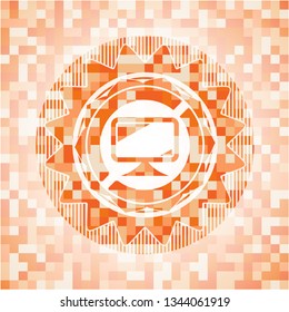 monitor icon inside abstract emblem, orange mosaic background