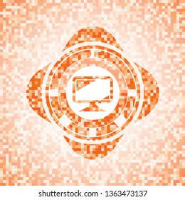 monitor icon inside abstract emblem, orange mosaic background