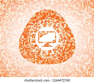 monitor icon inside abstract orange mosaic emblem with background