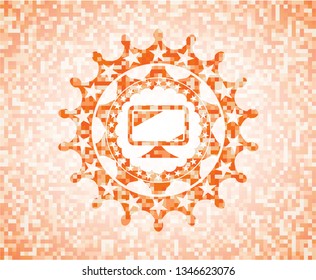 monitor icon inside abstract orange mosaic emblem with background