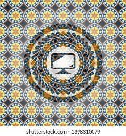 monitor icon inside arabic badge background. Arabesque decoration.