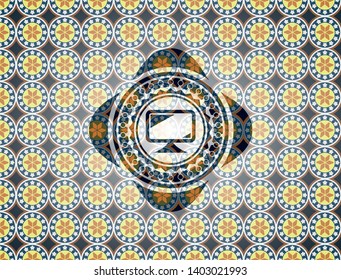 monitor icon inside arabic badge background. Arabesque decoration.