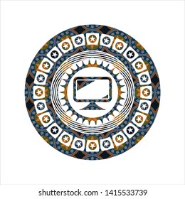 monitor icon inside arabic badge. Arabesque decoration.