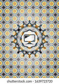 monitor icon inside arabic badge background. Arabesque decoration.