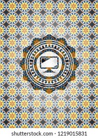 monitor icon inside arabic style emblem. Arabesque decoration.