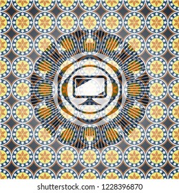 monitor icon inside arabic style badge. Arabesque decoration.