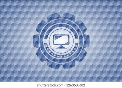 monitor icon inside blue badge with geometric pattern.