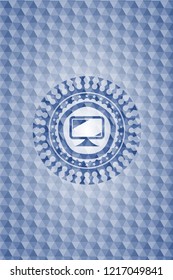 monitor icon inside blue emblem with geometric pattern.