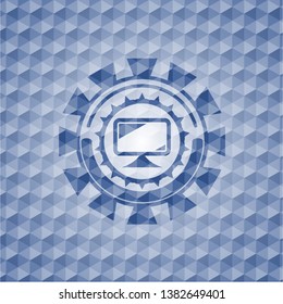 monitor icon inside blue emblem with geometric pattern.