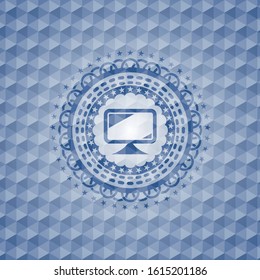 monitor icon inside blue emblem or badge with geometric pattern background.