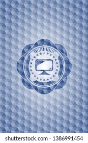 monitor icon inside blue hexagon emblem.