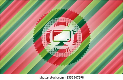 monitor icon inside christmas colors style badge.