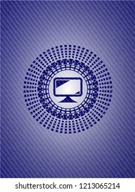 monitor icon inside emblem with denim texture