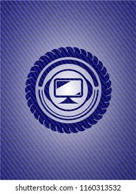 monitor icon inside emblem with jean texture