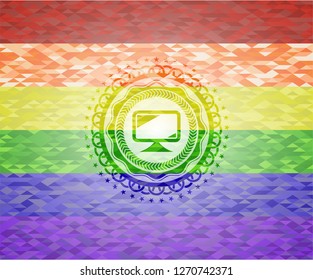 monitor icon inside emblem on mosaic background with the colors of the LGBT flag