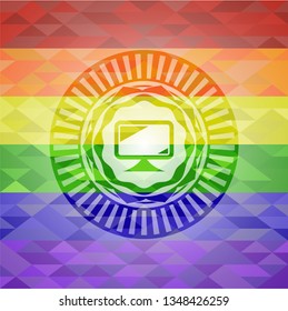 monitor icon inside emblem on mosaic background with the colors of the LGBT flag