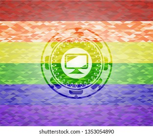 monitor icon inside emblem on mosaic background with the colors of the LGBT flag
